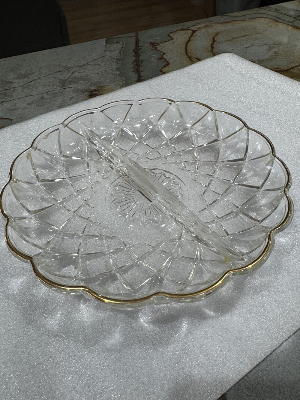 Clear Glass Divided Serving Dish with Gold Rim